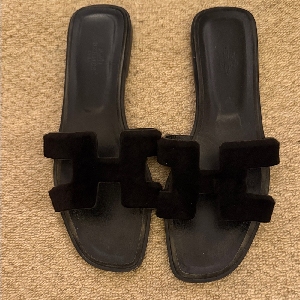 Hermes Black MoHair Oran Sandals